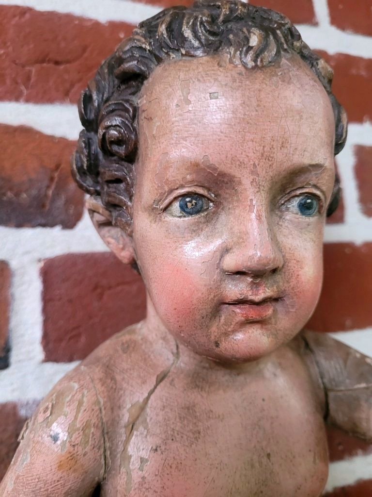 Grande Sculpture " Enfant Jésus " en Bois peint Polychrome - 51 cm -  XVIIIe Siècle-photo-4