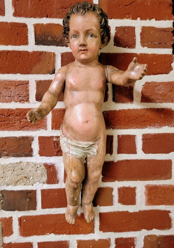 Grande Sculpture " Enfant Jésus " en Bois peint Polychrome - 51 cm -  XVIIIe Siècle