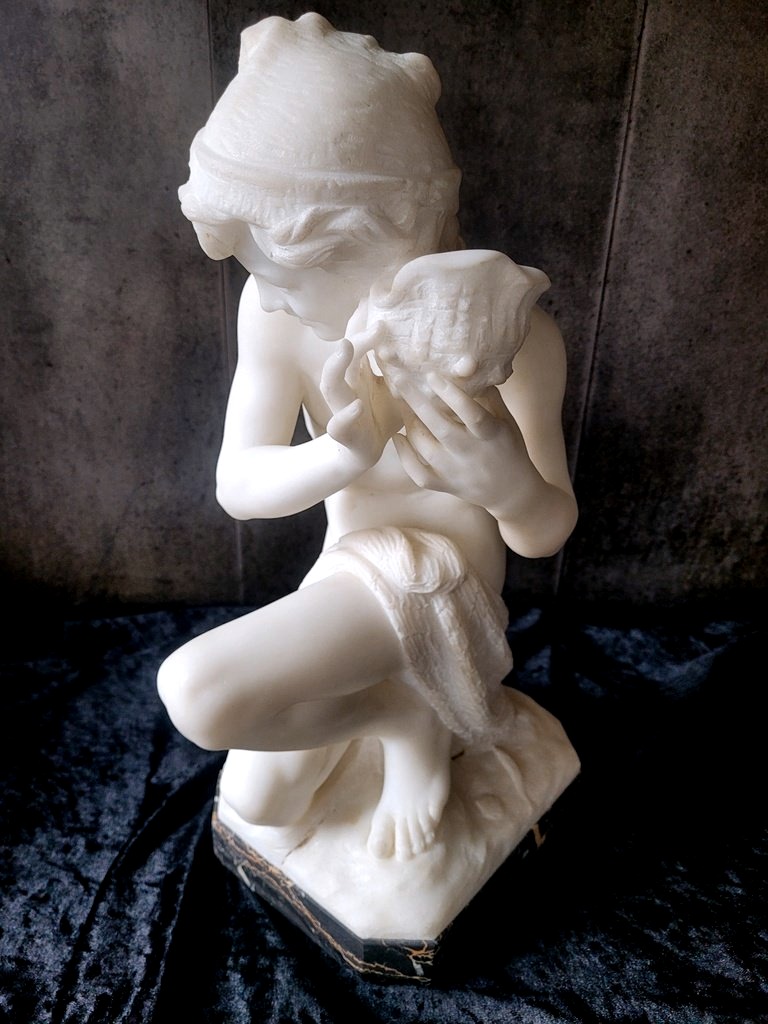 Sculpture d'après Carpeaux en Marbre "Le Petit Pêcheur Napolitain" signée PUGI -Ht46 cm - XIXe -photo-2