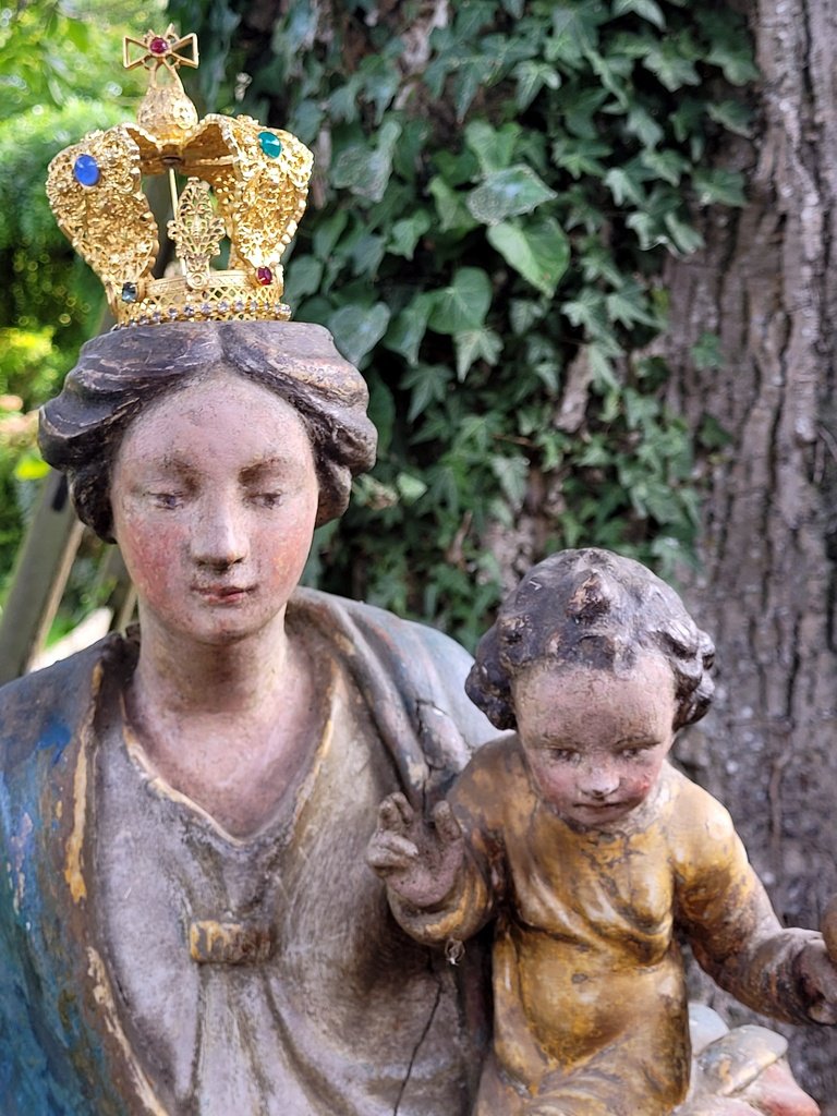 Grande "Vierge à l'enfant " en bois sculpté polychrome - Epoque Fin XVIIIe Début XIXe Siècle-photo-4
