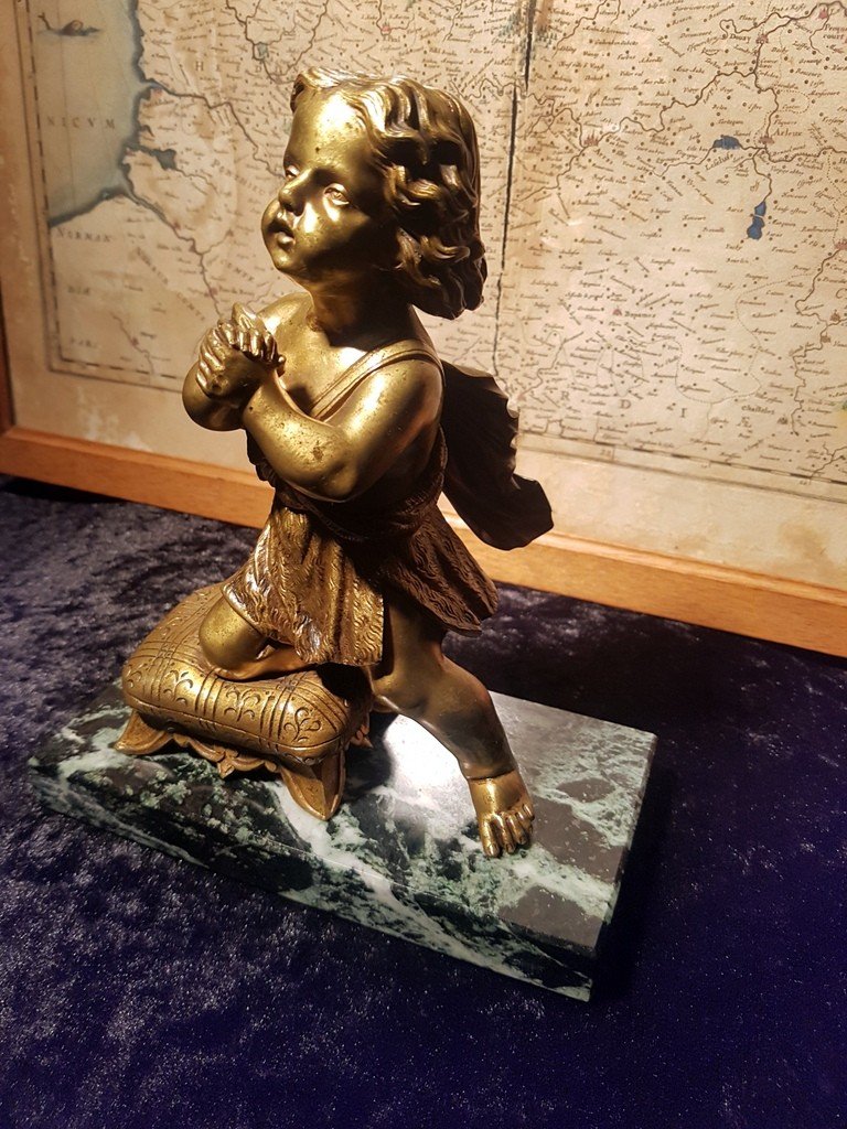 "child In Prayer" Subject In Gilded Bronze On A Green Marble Plinth. XIXth Century-photo-3