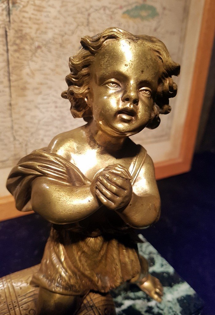 "child In Prayer" Subject In Gilded Bronze On A Green Marble Plinth. XIXth Century-photo-4