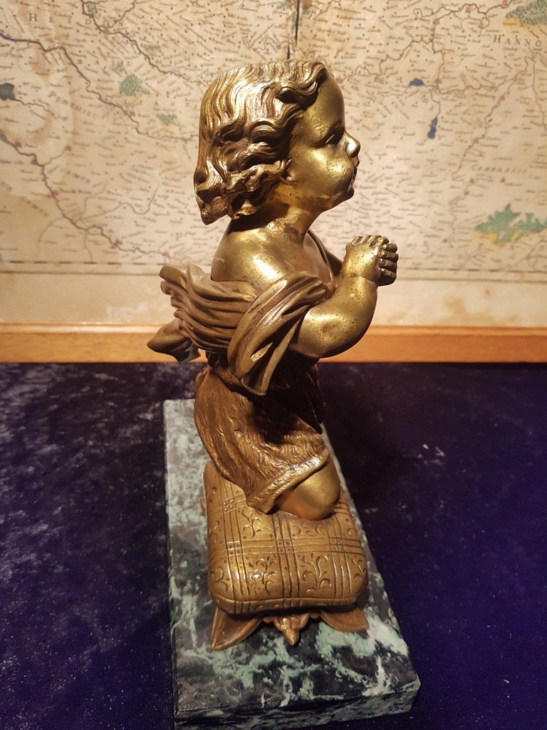 "child In Prayer" Subject In Gilded Bronze On A Green Marble Plinth. XIXth Century-photo-1