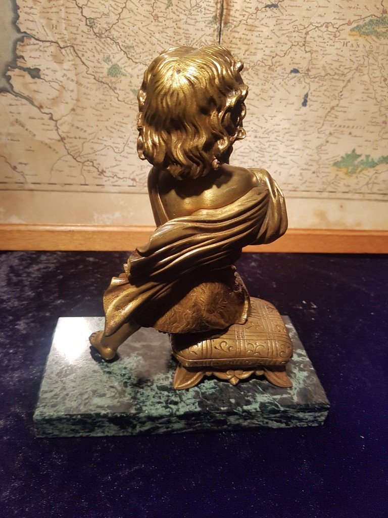 "child In Prayer" Subject In Gilded Bronze On A Green Marble Plinth. XIXth Century-photo-2