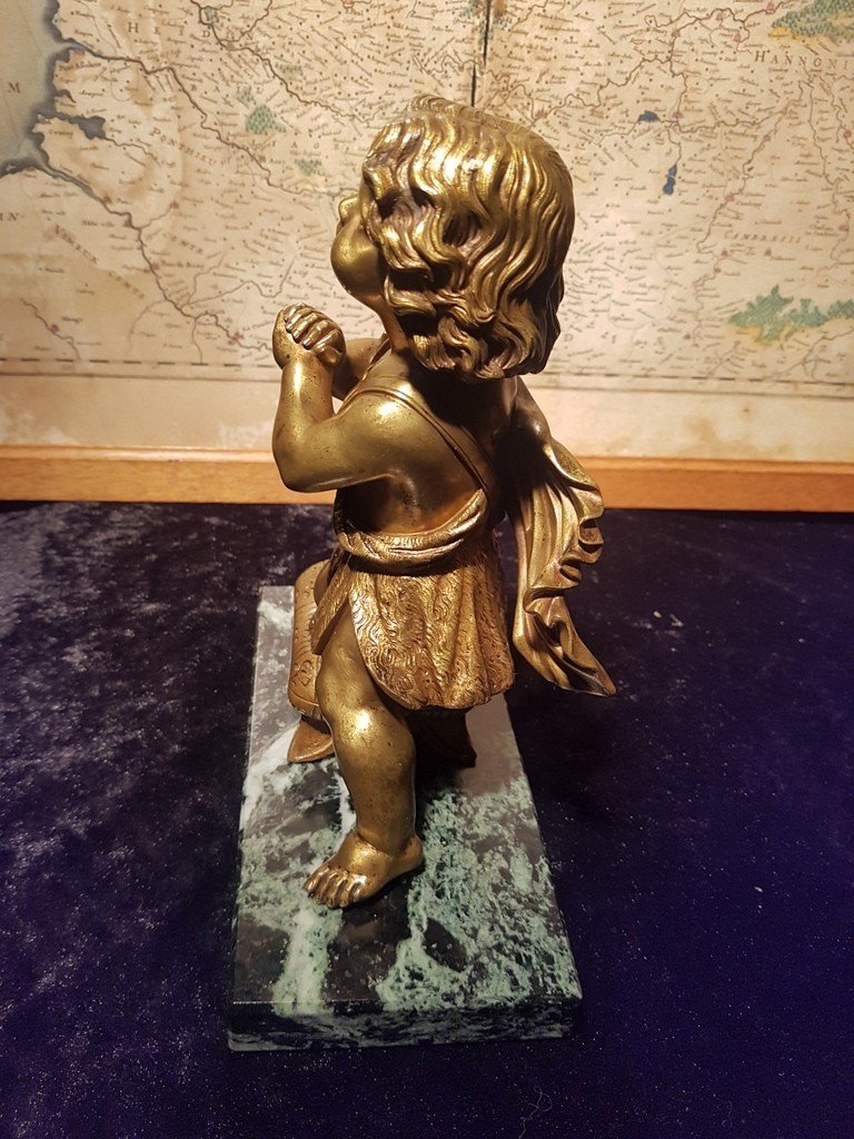 "child In Prayer" Subject In Gilded Bronze On A Green Marble Plinth. XIXth Century-photo-3