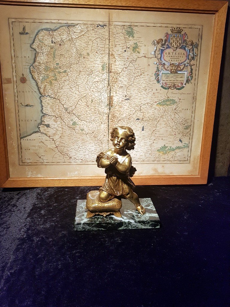 "child In Prayer" Subject In Gilded Bronze On A Green Marble Plinth. XIXth Century-photo-4