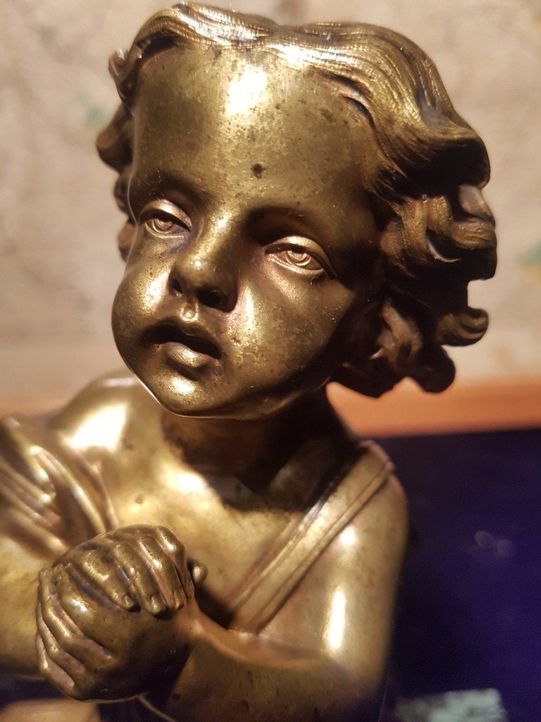 "child In Prayer" Subject In Gilded Bronze On A Green Marble Plinth. XIXth Century-photo-5