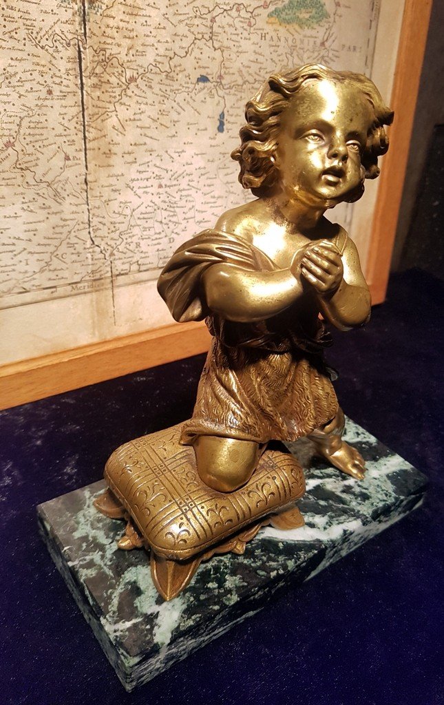 "child In Prayer" Subject In Gilded Bronze On A Green Marble Plinth. XIXth Century
