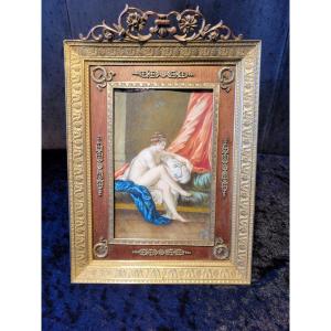 Large Painted Miniature From The Empire Period "the Dangerous Attention" In Its Bronze Frame