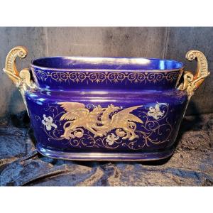 Large Enamelled Blue Earthenware Planter Decorated With Griffins