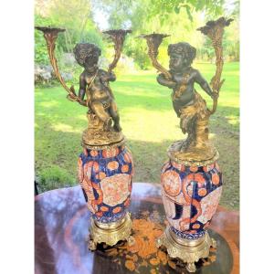 Pair Of Torchères In Imari Porcelain And Bronze Signed Clodion - 19th Century