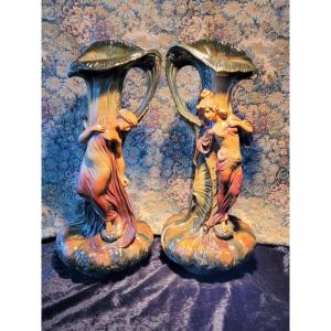 Large Pair Of Polychrome Terracotta Sculptures From The Art Nouveau Period