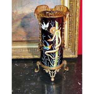 Important Vase rouleau à décor émaillé sur socle en bronze - XIXe Siècle 