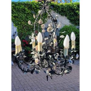 8-flame Wrought Iron Chandelier With Porcelain Flowers - 1900