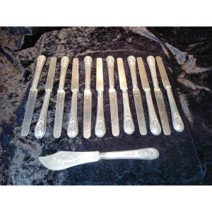 12 Cheese Knives + Serving Knife In Monogrammed Sterling Silver - 19th Century