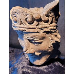  Crowned Bearded King's Head In Sculpted Stone - 15th-16th Century 