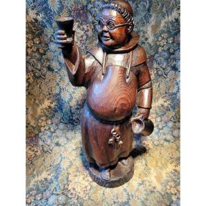 "the Drinking Monk" Large Wooden Sculpture 52 Cm - Spanish Work - Early 20th Century 