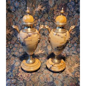 Pair Of Urn-shaped Cassolettes In Bronze And Siena Marble - 19th Century  