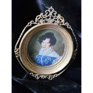  Miniature Huile sur Cuivre &quot; Portrait de Dame &quot; XIXe Si&egrave;cle