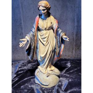  Statue &quot; Vierge au Serpent &quot; en Bois sculpt&eacute; polychrome - Ecole italienne du XVIIIe Si&egrave;cle