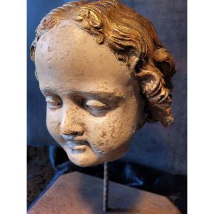 “angel Head” Sculpture In Polychrome Terracotta - Italian Work - 18th Century