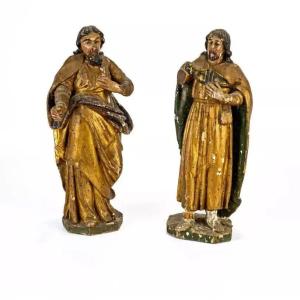 Pair Of Statuettes In Polychrome Carved Wood And Gilding - 18th Century
