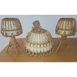 Pair Of Louis Sognot Bedside Tables And Pendant Lights - 1950s