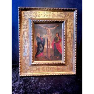 " La Crucifixion du Christ " Huile sur Cuivre encadrée datant du XVIIe Siècle 