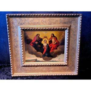 " Couronnement de la Vierge " Huile sur cuivre encadrée datant du XVIIe Siècle