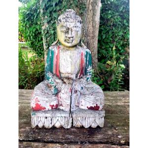  Grand Bouddha &quot; Statue Chinoise &quot; en bois sculpt&eacute; polychrome - XIXe Si&egrave;cle