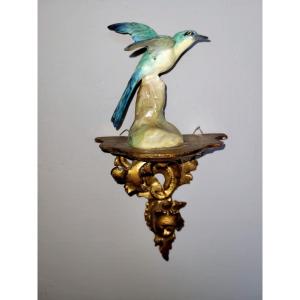 Porcelain "bee-eater" Statuette Mounted On A Gilded Carved Wooden Console Table - 1950s