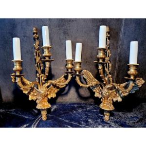 Paire d'Appliques à 3 Flammes " Aigle " Empire en Bronze  