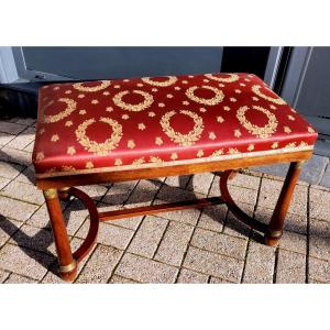 Empire Period Bench In Red Fabric With Laurel And Bee Decorations In Bronze - 19th Century