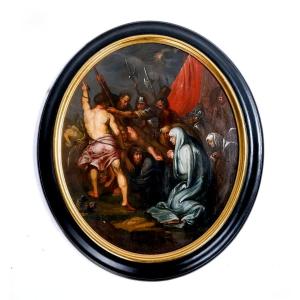 "jesus Falling Under The Weight Of The Cross" Oil On Mahogany - 18th-19th Century School