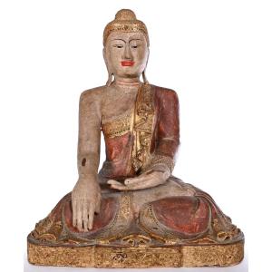Grand Bouddha en bois sculpt&eacute; Polychrome avec Incrustations de Verroterie  - XIXe Si&egrave;cle 