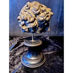 Fragment de Sculpture - Visage en bois sur socle - XVIIe - XVIIIe Siècle