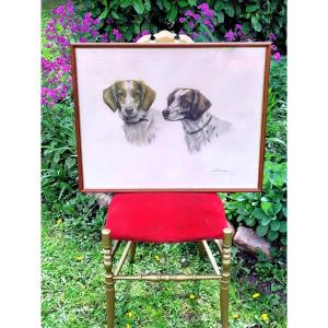 Gravure signée de Léon Danchin  " Couple d'épagneuls bretons " XXe Siècle