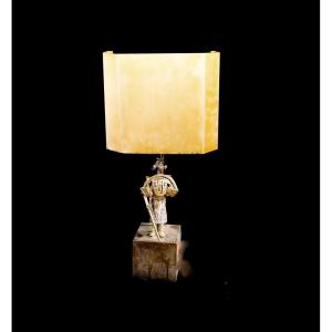  Bronze "samurai" Lamp - Sheet Metal Shade First Half Of The 20th Century