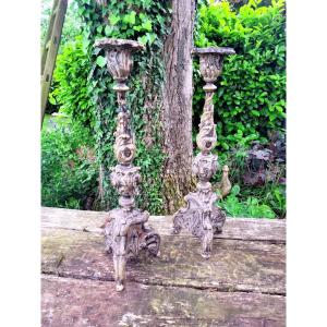 Pair Of Louis XIV Pique-cierges In Patinated Wood With Triangular Base - 17th - 18th Century