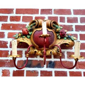 Applique en bois sculpté Polychrome " Forme Blason " à 3 bras de lumière - Epoque XIXe Siècle