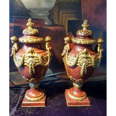 " Paire de Vases couverts Louis XVI " XIX e  Siècle - Marbre -Bronzes signés F. Barbedienne