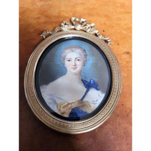 Grande Miniature d'une jeune Dame - Peinture - XIXe Si&egrave;cle 