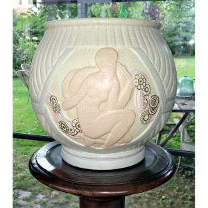 Important Art Deco Cache Pot Designed By Lejan - Cracked Earthenware From La Maison Orchies
