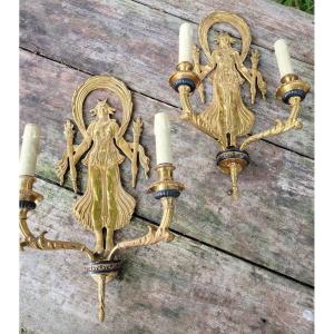 Large Pair Of Bronze Sconces "diane Chasseresse" Signed Fournier.