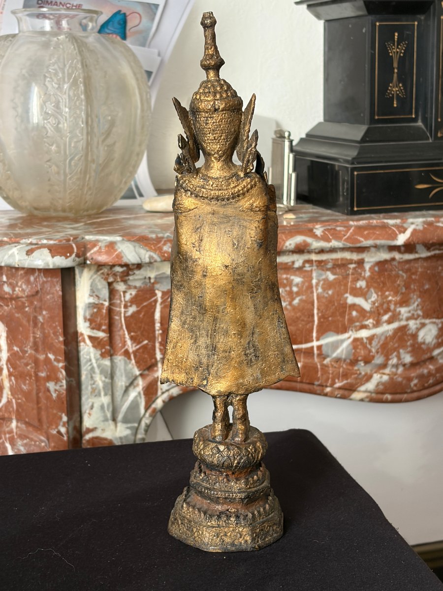 Standing Buddha Statue Gilded In Bronze, 19th Century.-photo-2