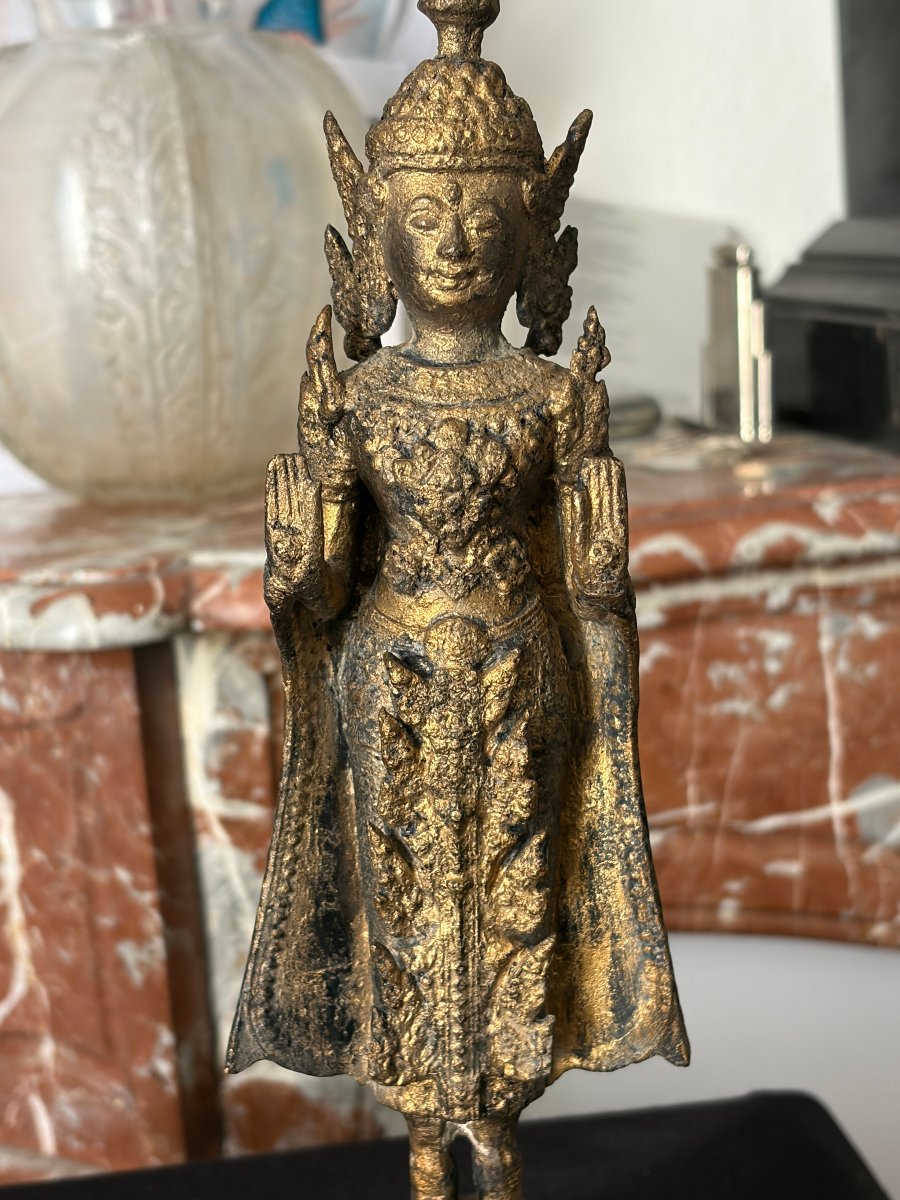 Standing Buddha Statue Gilded In Bronze, 19th Century.-photo-4
