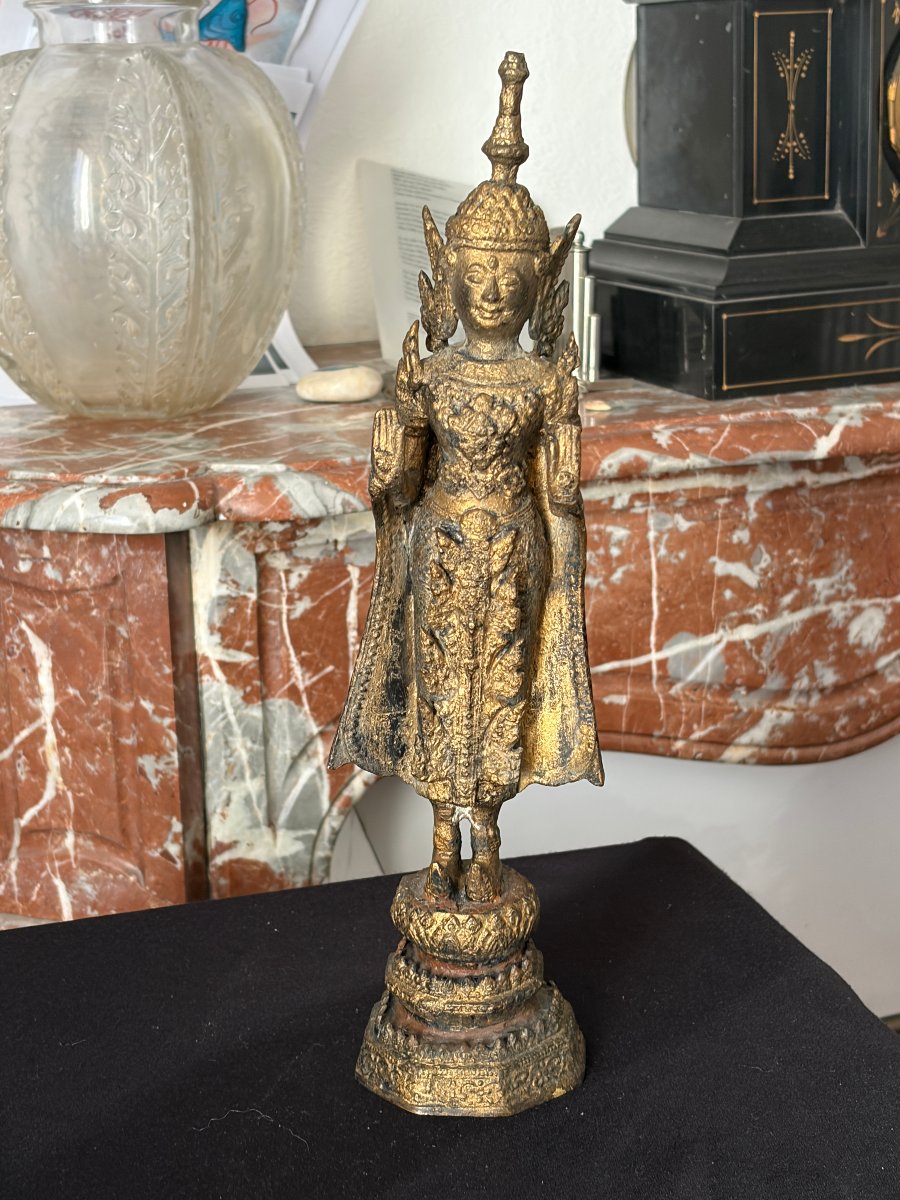 Standing Buddha Statue Gilded In Bronze, 19th Century.