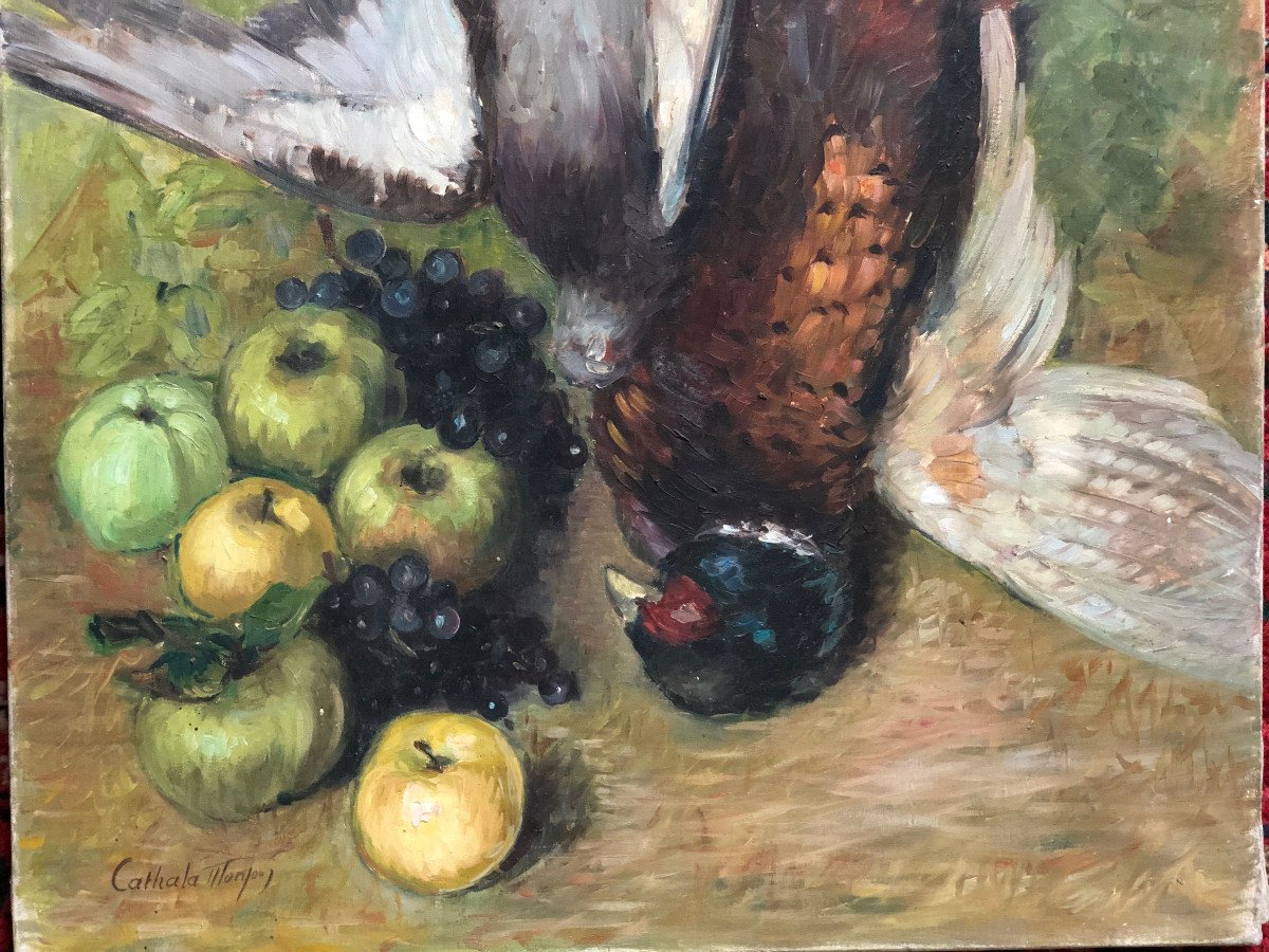 Nelly Cathala-mongoin, Still Life With Pheasant, Partridge, Apples And Grapes.-photo-2