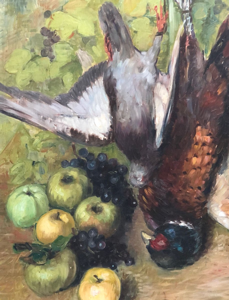 Nelly Cathala-mongoin, Still Life With Pheasant, Partridge, Apples And Grapes.-photo-4