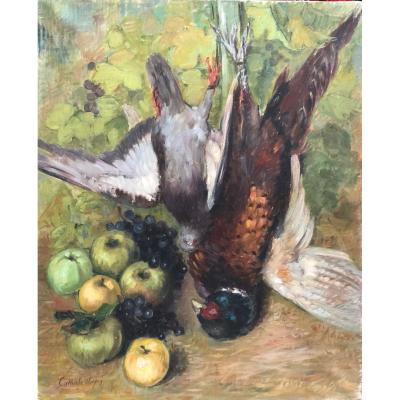 Nelly Cathala-Mongoin , Nature morte au faisan, perdrix, pommes et raisins.